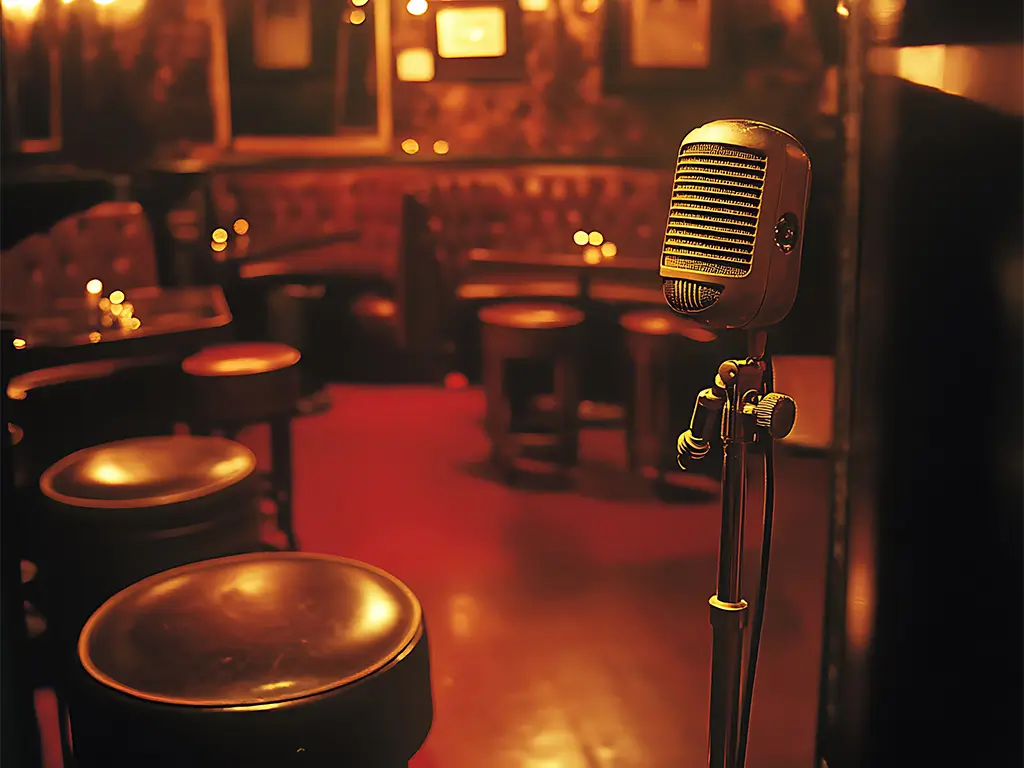 Vintage microphone on a jazz club stage before a live performance in Pasadena